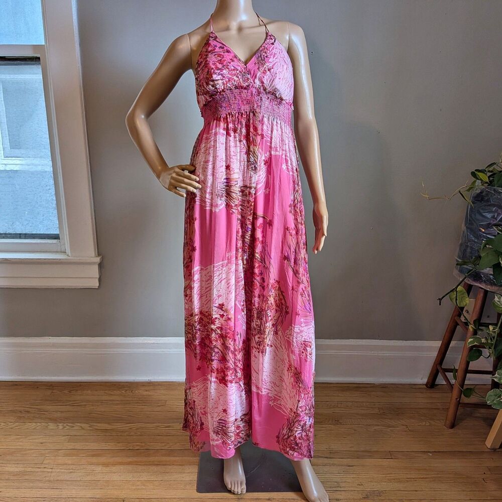 Vintage Y2K Kitty Maxi Dress Halter Floral Pink Fairycore Summer Size Medium
